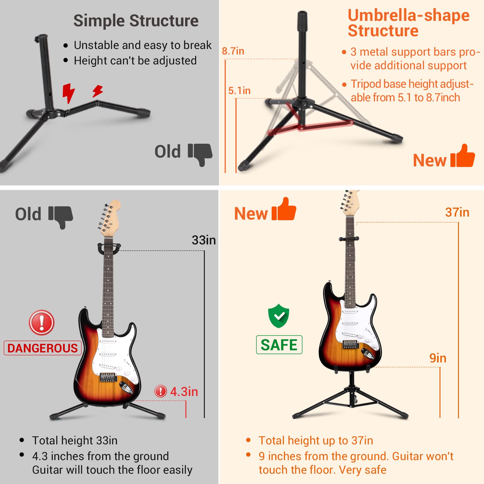 CAHAYA Guitar Stand Floor Universal for Acoustic Electric Guitars Bass Banjos Rotate to Adjust Height from 30.7 to 37 Inch Foldi